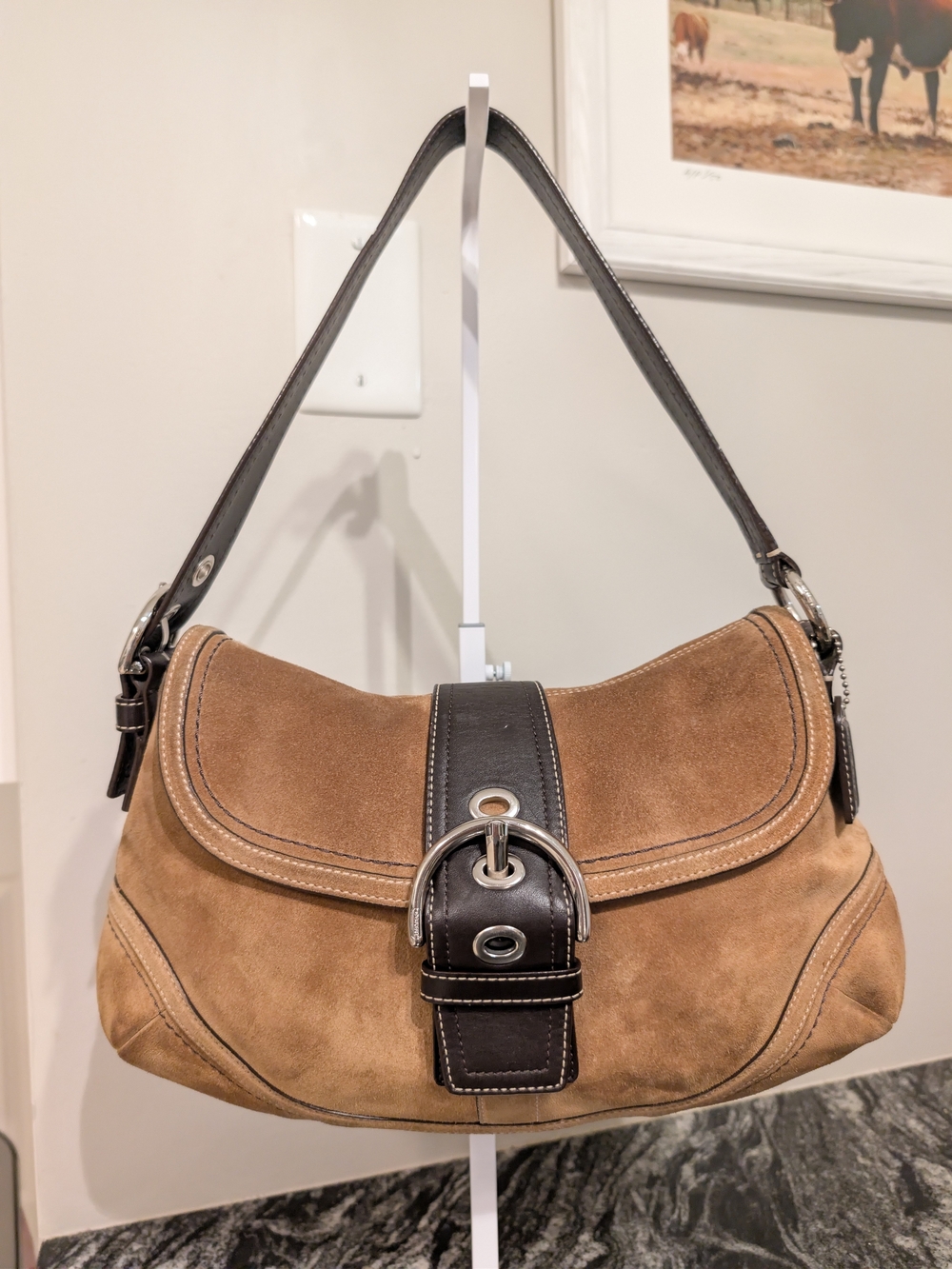 Coach Soho Suede Buckle Flap Shoulder Bag Camel Tan Brown Leather F10918